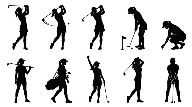 Woman Playing Golf Silhouette Vector Set &ndash; 10 Dynamic Golf Poses in Grid Layout