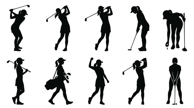 Woman Playing Golf Silhouette Vector Set &ndash; 10 Dynamic Golf Poses in Grid Layout