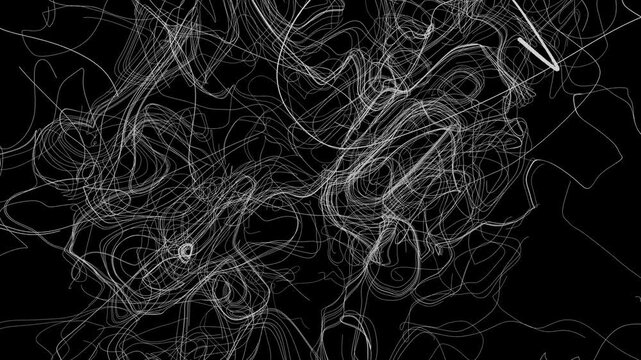 Abstract Chaotic Swirl of White Lines on Black Background - 4K Loop.
A mesmerizing, 4K motion background featuring a dense, chaotic tangle of glowing white lines.