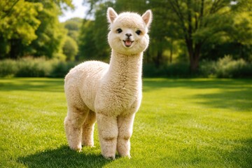 Fototapeta premium Cheerful alpaca pet posing full length on green grass lawn during summer day