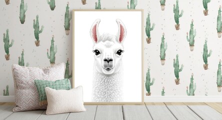 Fototapeta premium soft white llama watercolor painting with boho cactus motifs for baby room designs