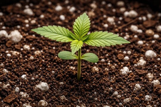 Early growth cannabis plant displaying first mature leaves above seed leaves in well aerated soil mix with perlite