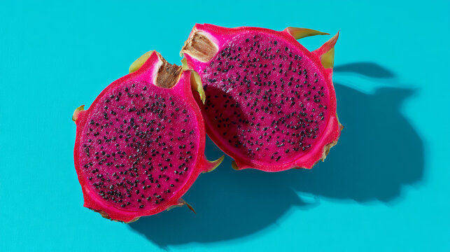 Top view of sliced neon pink dragonfruit on turquoise background, tropical pitaya fruit with hard sunlight and sharp shadows, pop art aesthetic with vibrant colors, minimalist exotic food concept