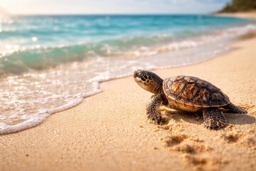 Obraz premium Joyful little turtle walking on shore heading for blue water