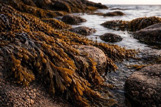 Fucus vesiculosus seaweed spread over rocky shore with copy space