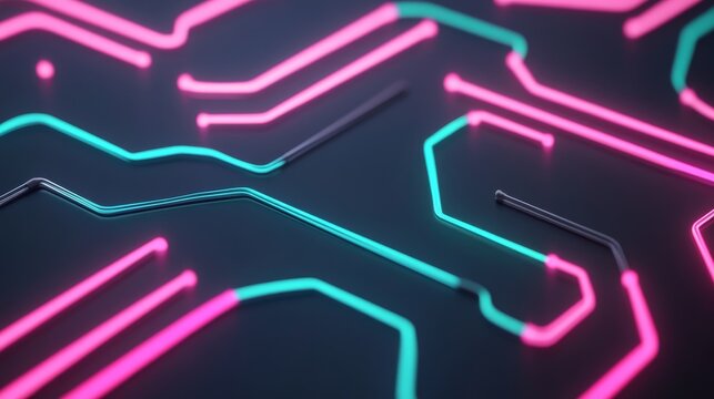 Abstract close-up Dynamic pink and cyan neon lines on a dark PCB-like surface, illustrating high-speed data flow and digital connections. Modern tech background. ,AI,data