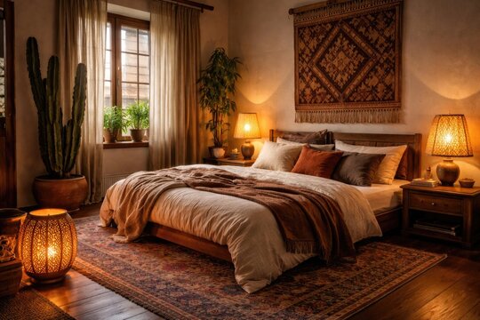 Warm house bedroom interior showcasing ethnic Asian style lamp carpet cactus and a comfy bed setup