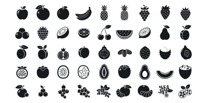 Fruit Icon Set Black Silhouette Vector Illustrations. Collection of Fresh Healthy Food Icons Including Apple Banana Orange Pineapple Strawberry Grapes Berries and Tropical Fruits for Design.