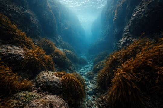 Vast underwater ravine with massive stones and extensive brown kelp growth