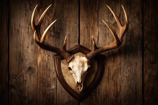 Mounted deer antlers arranged on plate with weathered wooden background