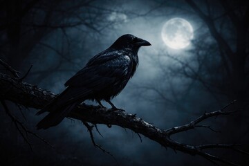 Obraz premium A single raven resting on a branch in moonlight casting unsettling shadows on a spooky night