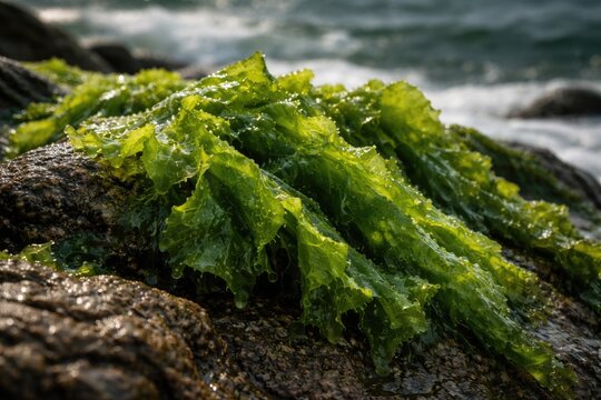 Macro photograph of ulva lactuca seaweed spreading over rough rocks near ocean shore