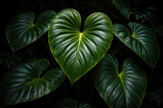 Exotic heart shaped Alocasia odora foliage set against a deep dark backdrop