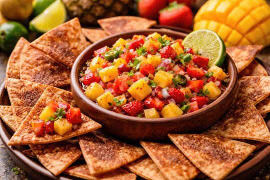 A vibrant tropical fruit salsa mix of mango pineapple and strawberries served with cinnamon spiced crispy tortilla chips