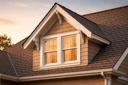 Dutch roof gable with tan shingles and shake siding illuminated by double hung white framed windows