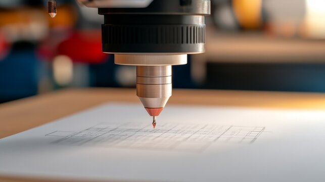 Close-up of a CNC plotter's red-tipped stylus precisely drawing detailed technical plans on white paper, embodying modern design automation. , CAD, Engineering