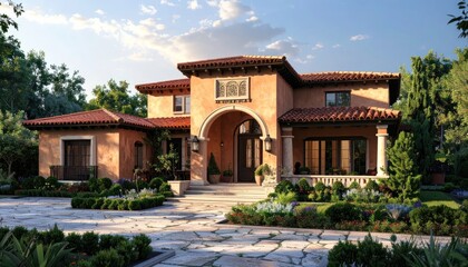 Obraz premium Luxurious Mediterranean Villa Estate with Grand Arched Entrance and Lush Landscaping.