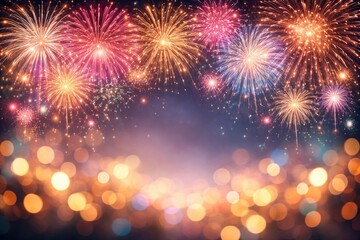 Obraz premium Celebratory fireworks bursting above a soft bokeh background featuring copy space for greetings
