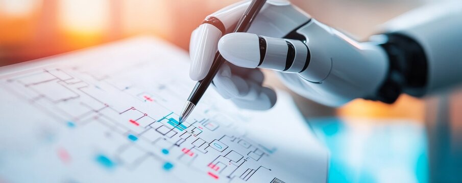 Close-up of a white robotic arm precisely marking a complex technical blueprint with a pen, illustrating AI-driven design, automation and future engineering. AI, Robotics