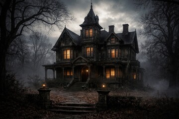 Obraz premium Old fashioned haunted residence featuring classic vintage architecture