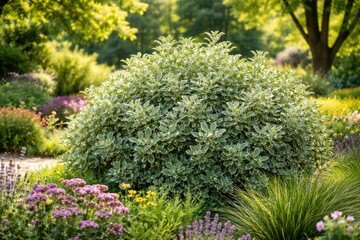 Obraz premium Lush Pittosporum Silver Ball foliage flourishing in vibrant early summer garden landscape