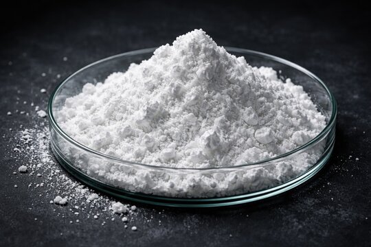 Close up of sodium hydroxide white solid powder in a glass plate with dark backdrop