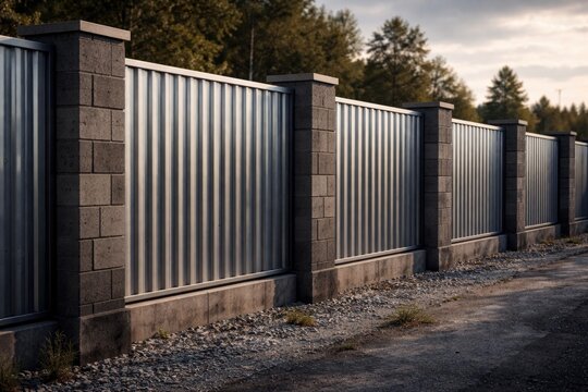 Industrial style metal fence with corrugated panels and block posts for privacy and security