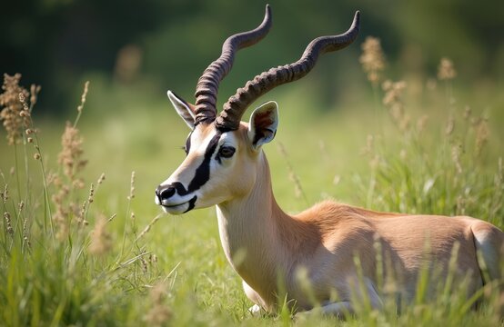 Addax antelope with long spiral horns rests in dry grassy savanna. Critically endangered wild animal lies down on sunlit meadow. This mammal lives in arid desert regions.