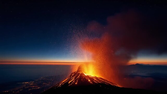 Dramatic volcanic eruption at twilight, spewing glowing molten lava, fiery ash, and smoke against a deep blue sky with a distant horizon.