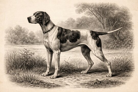 Detailed Pointer dog engraving featured in an old encyclopedic print