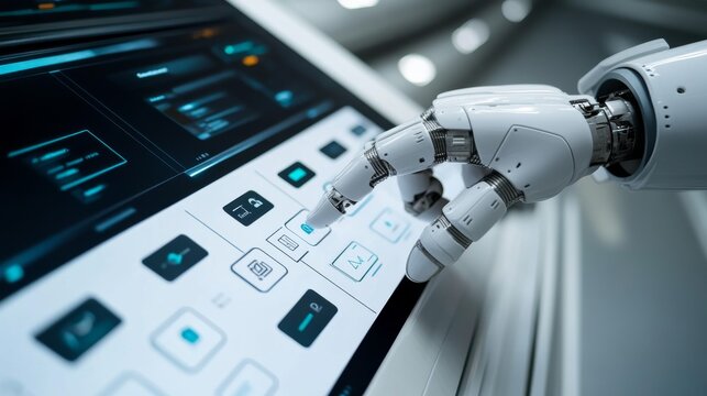 Close-up Robotic hand presses a glowing blue icon on a modern UI touchscreen, symbolizing AI interaction and future automation. Robotics, HMI