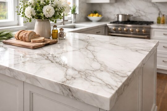 White marble kitchen countertop featuring natural veining