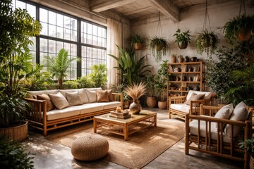Fototapeta premium Stylish living room design in a loft with bamboo furniture and greenery