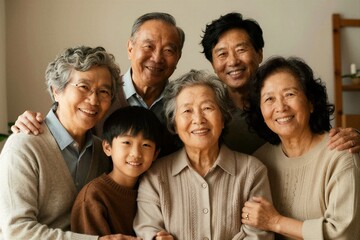 Obraz premium Multigenerational family posing and smiling in home setting