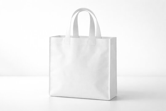 White spunbond tote bag on smooth white surface suited for product example presentations and mock ups