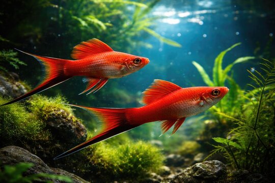 Two red swordtail pets swimming gracefully in a lively aquatic environment