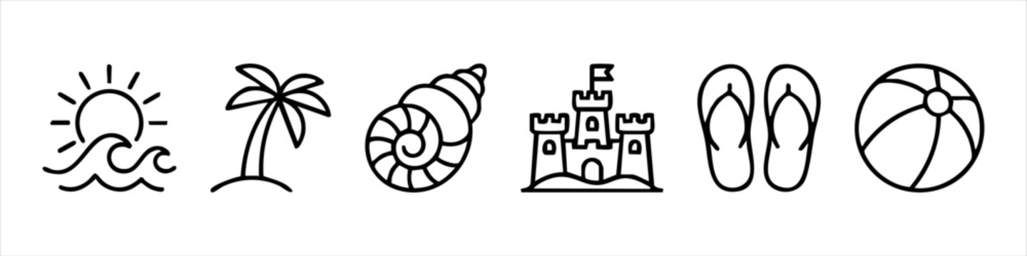 Summer Beach Vacation Outline Icon Set. Collection of minimalist line art symbols including sun, palm tree, seashell, sandcastle, flip-flops, and beach ball.