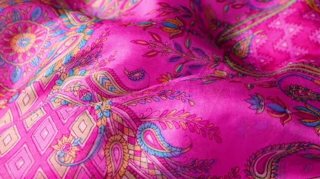 Silk fabric with pink paisley pattern moving in the wind. Abstract waves of luxurious textile creating a flowing background. Soft pink and magenta colors with traditional oriental ornaments.
