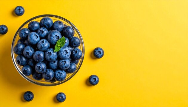 A close-up of fresh blueberries in a glass bowl on a vibrant yellow background. A single blueberry rests beside the bowl, while a mint leaf adds a refreshing touch to the fruit arrangement.