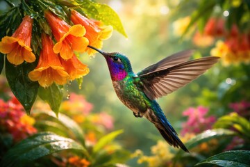 Obraz premium Colorful hummingbird feeding from bright orange blooms in lush tropical garden