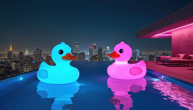 Giant inflatable ducks glow in a rooftop pool at night, city lights twinkle in background. Blue and pink ducks float on water, luxury urban relaxation scene. Fun nightlife party atmosphere.