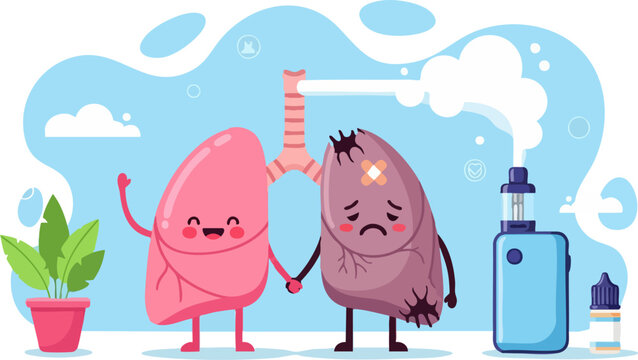 Vaping lung damage vector illustration, healthy and diseased human lungs cartoon characters, electronic cigarette smoke impact on respiratory system