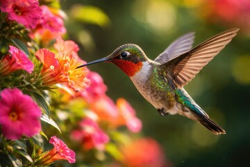 Fototapeta premium Detailed view of a majestic hummingbird hovering near vibrant blooms