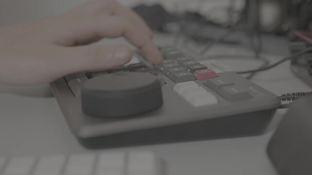 Hands operating DaVinci Resolve Speed Editor, video editing workflow (BMPCC 6k Pro LOG)
