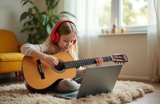 Child with headphones learns acoustic guitar using laptop indoors. Girl practices music lesson at home focusing on online class. Young musician plays instrument enjoying e-learning.