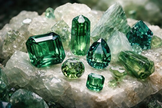 Assortment of greenish natural crystal gemstones including emerald and sapphire against white
