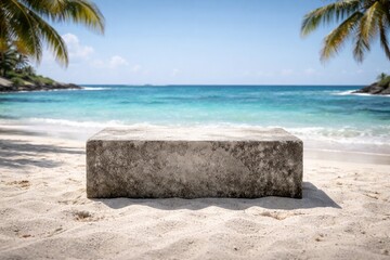 Fototapeta premium Front view of a grungy grey concrete stone platform podium on white sand beach backdrop for product display