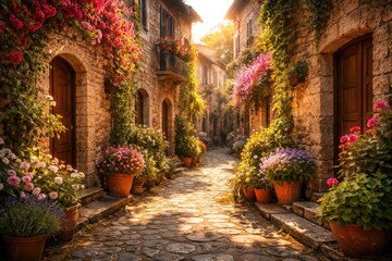 Obraz premium Charming alleyway featuring rustic stone buildings and blooming flowers under warm sunlight