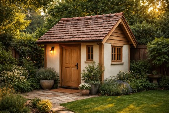 Compact backyard outbuilding with layered roofing tiles and wooden entrance door