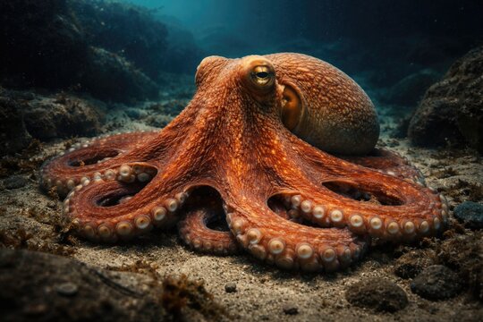 melancholic orange octopus resting on ocean floor